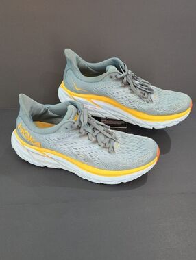 Hoka Clifton 8 Men's Gray and Yellow Sneakers Size 10 D Women Size 11.5 D Wide